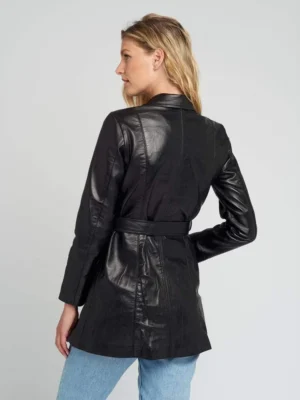 Nora belted black leather jacket full back view