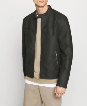 Shumack black cafe racer faux leather jacket
