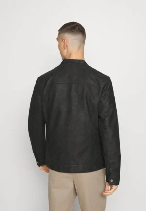 Shumack black cafe racer faux leather jacket back view