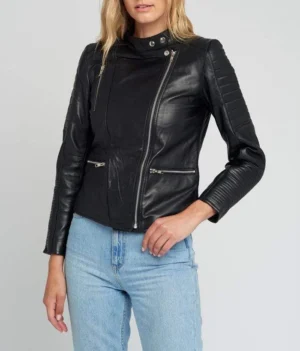 Womens black quilted standing collar leather jacket front view
