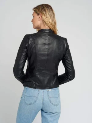 Womens black quilted standing collar leather jacket full back view