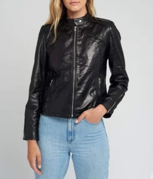Womens black tab collar cafe racer black leather jacket front view