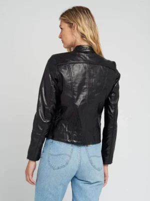 Womens black tab collar cafe racer black leather jacket full back view