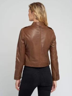 Womens indiana brown cafe racer leather jacket back view