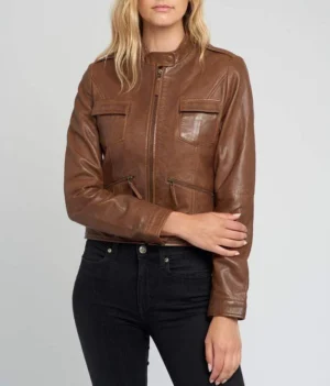Womens indiana brown cafe racer leather jacket front view
