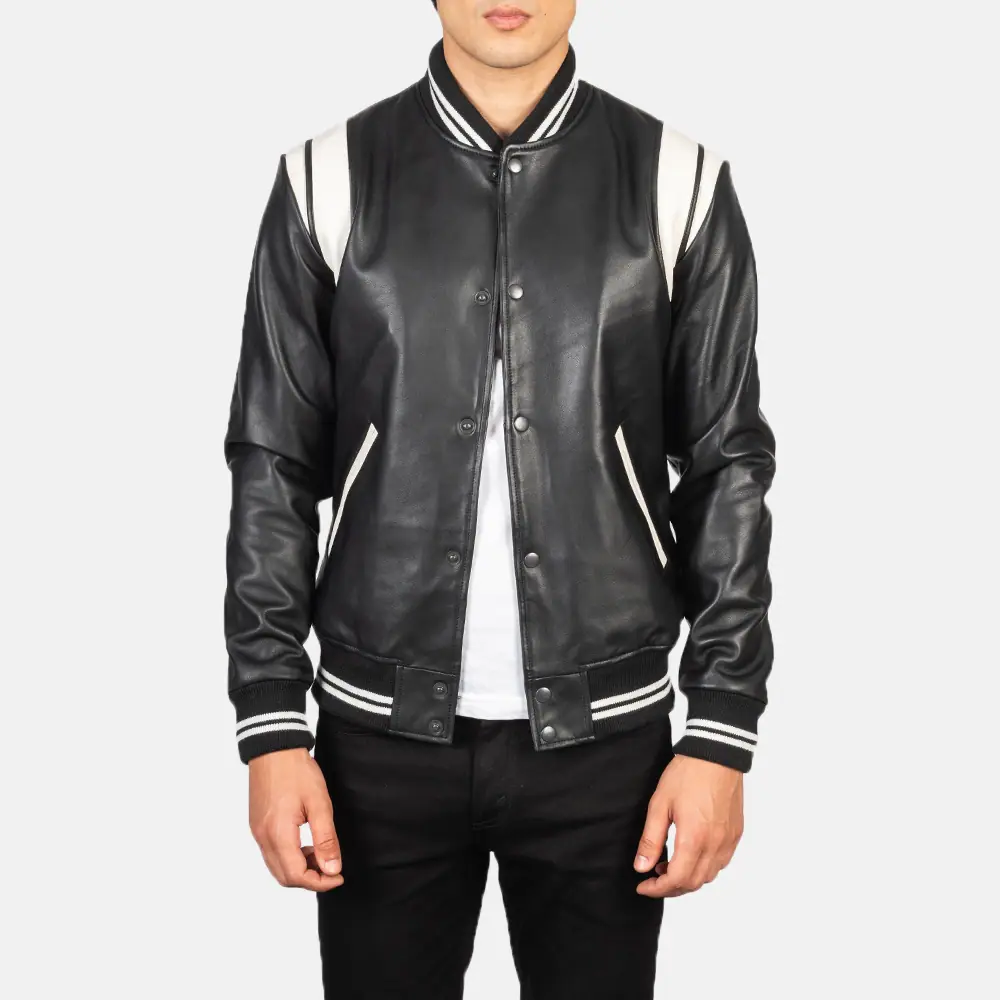 Men's Black & White Leather Varsity Jacket