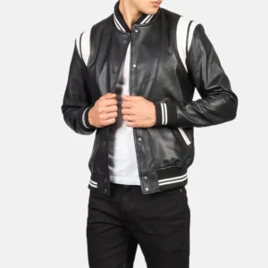 Men's Black & White Leather Varsity Jacket