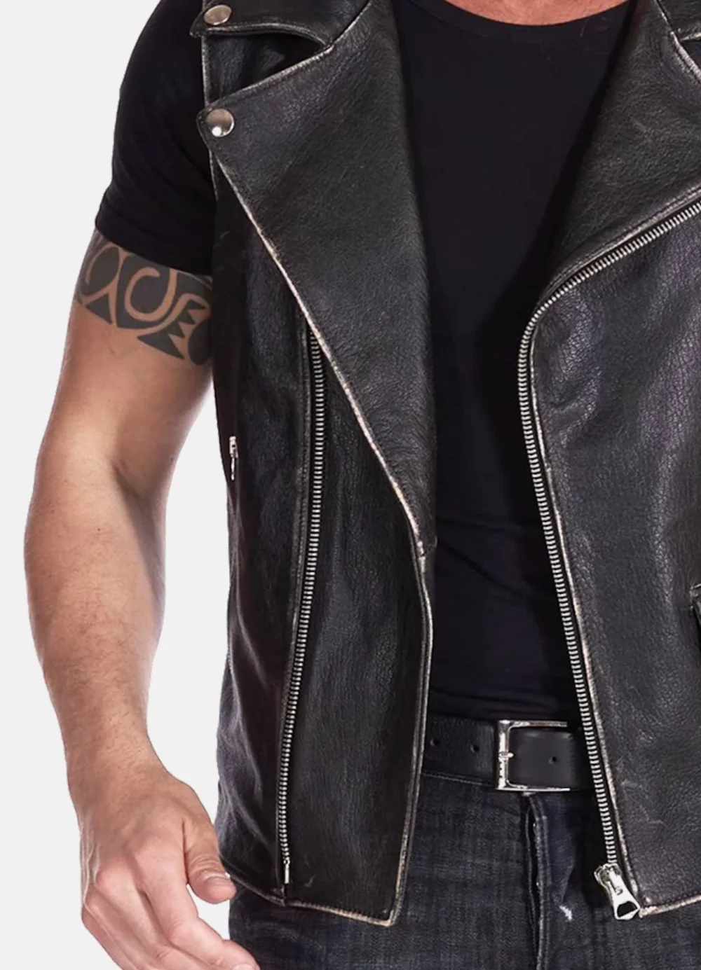 Mens Distressed Black Leather Biker Vest