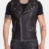 Mens Distressed Black Leather Biker Vest