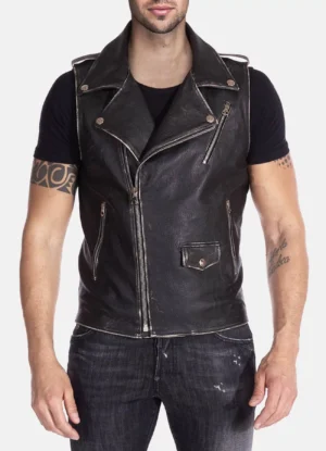 Mens Distressed Black Leather Biker Vest
