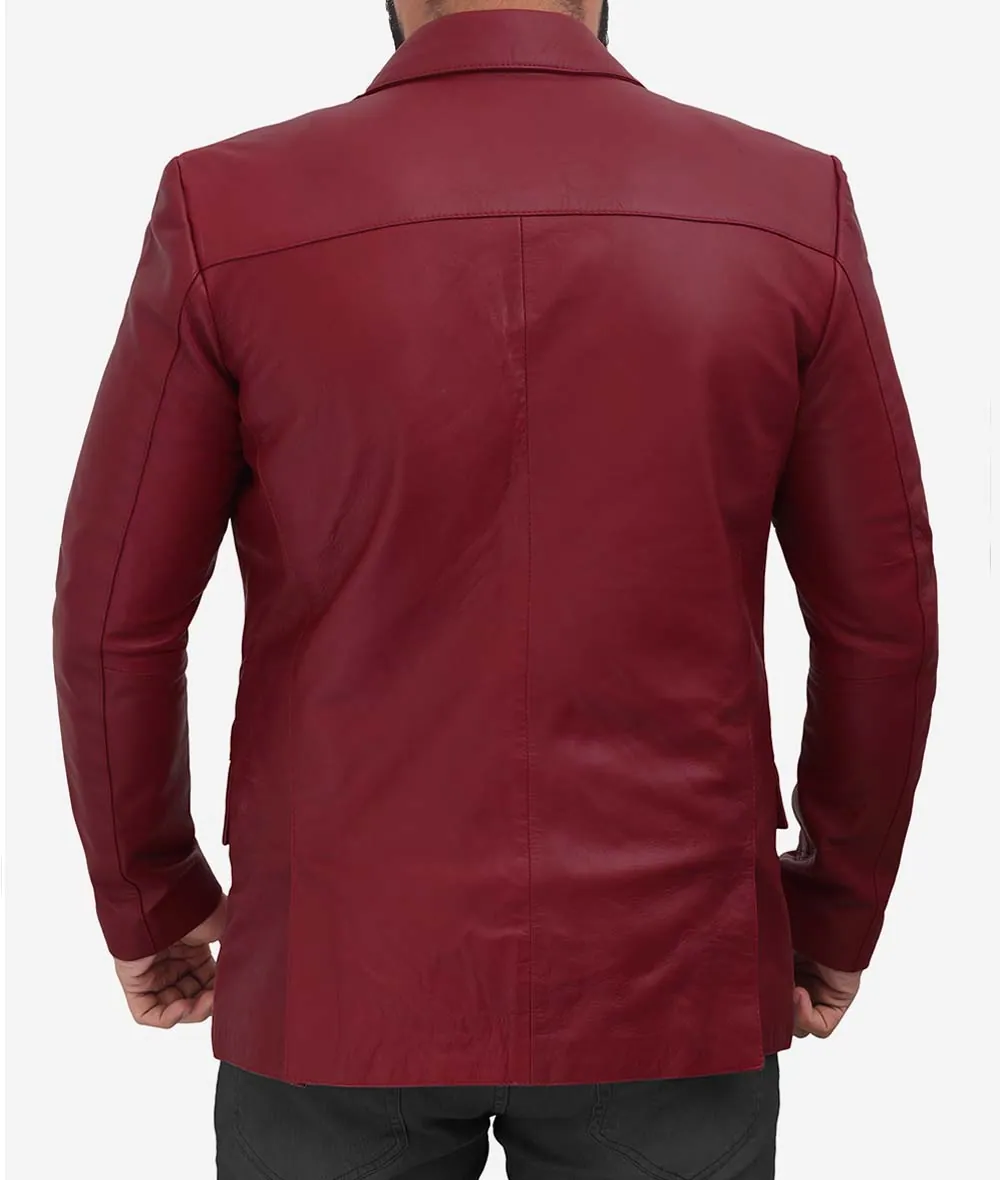 Men’s Casual Maroon Leather Blazer - Image 4
