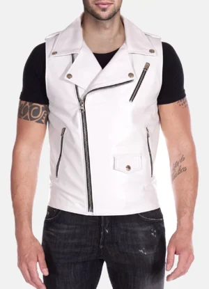 Mens white leather Biker vest
