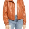 Women's Camel Brown Leather Bomber Jacket