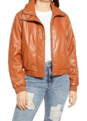 Women's Camel Brown Leather Bomber Jacket