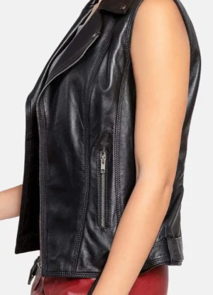 Womens Shiny Charcoal Black Leather Biker Vest
