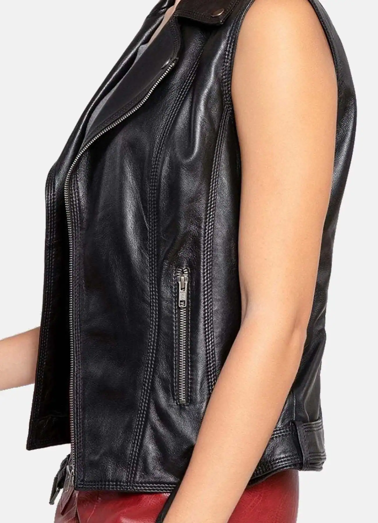 Womens Shiny Charcoal Black Leather Biker Vest