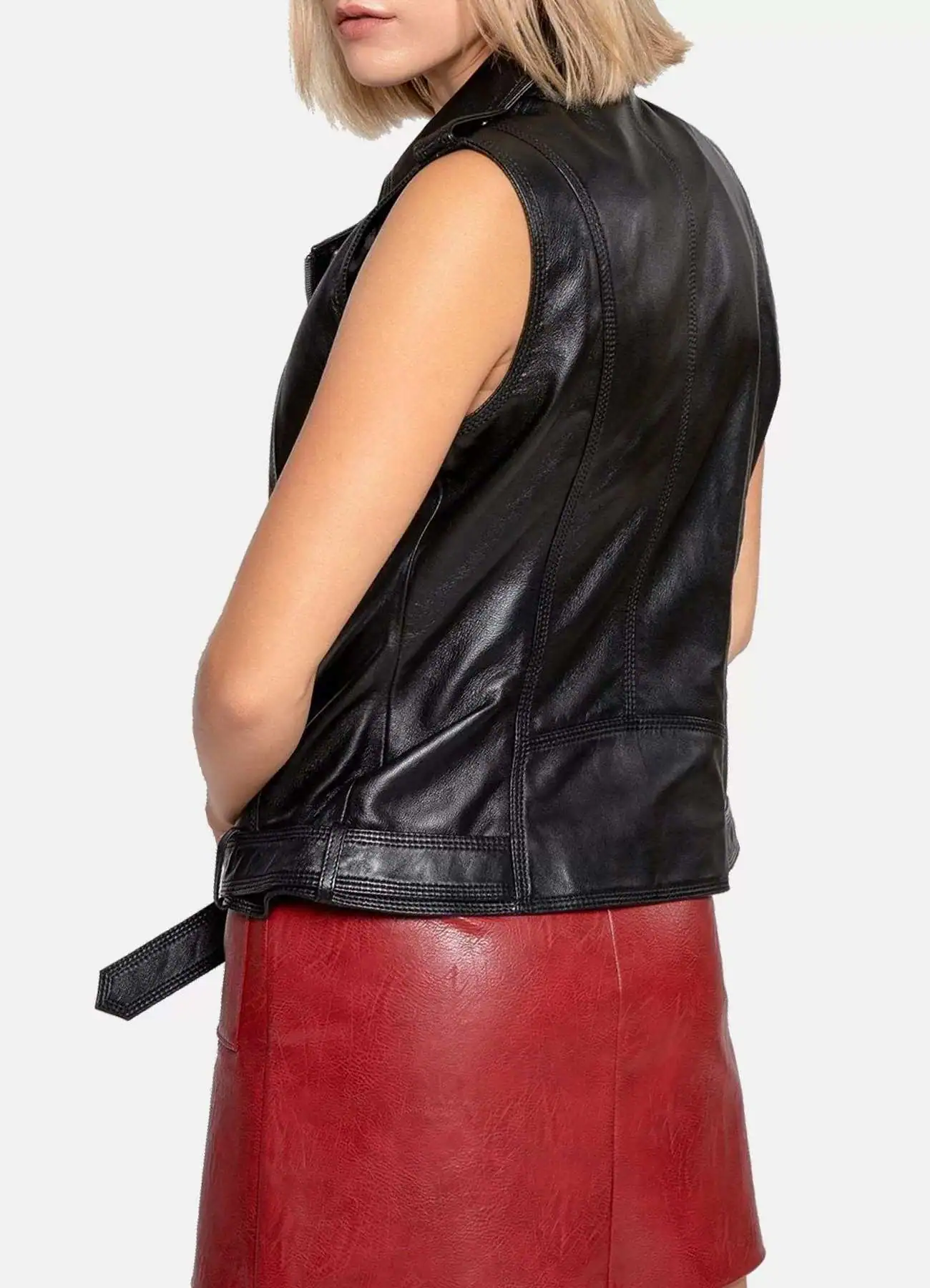Womens Shiny Charcoal Black Leather Biker Vest