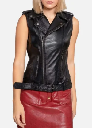 Womens Shiny Charcoal Black Leather Biker Vest