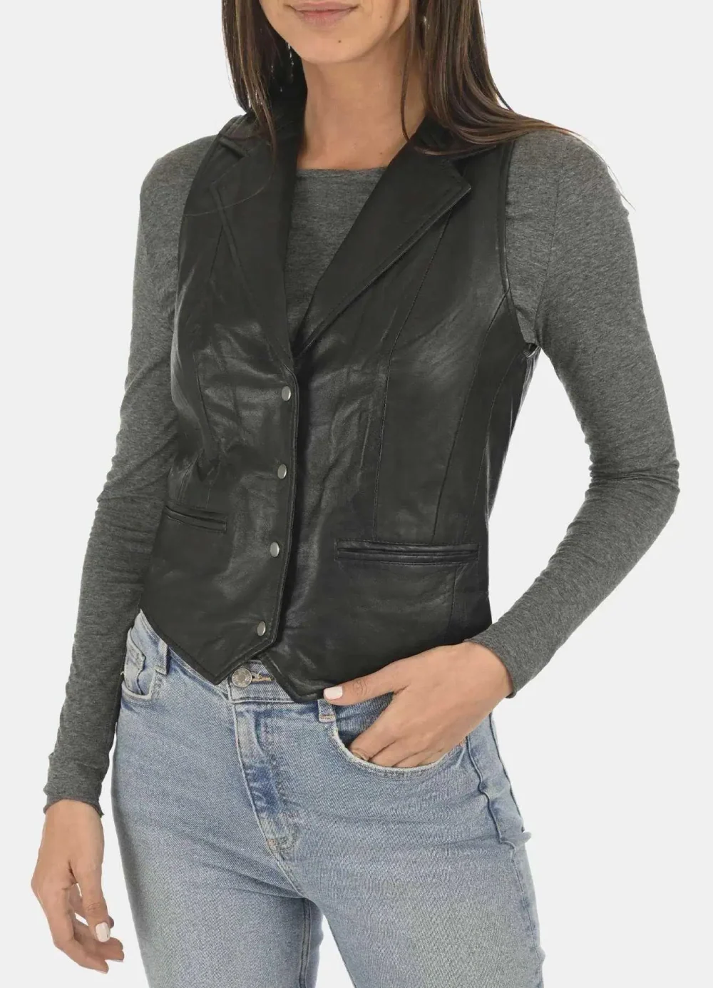 Women's Vintage Charcoal Black Leather Vest