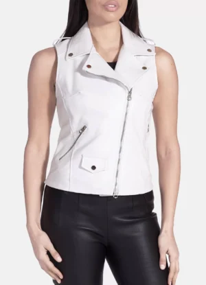 Women's Vintage White Real Leather Biker Vest