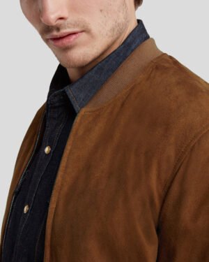 Men's Dillon Tan Suede Leather Bomber Jacket Side Pose