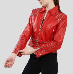 Women's Isabel Red Studded Leather Jacket