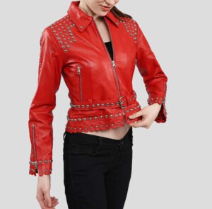 Women's Isabel Red Studded Leather Jacket