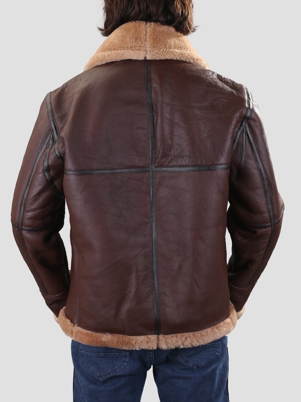 Mens B3 Bomber Sheep Skin Shearling Leather Jacket back