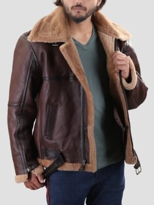 Mens B3 Bomber Sheep Skin Shearling Leather Jacket side pose