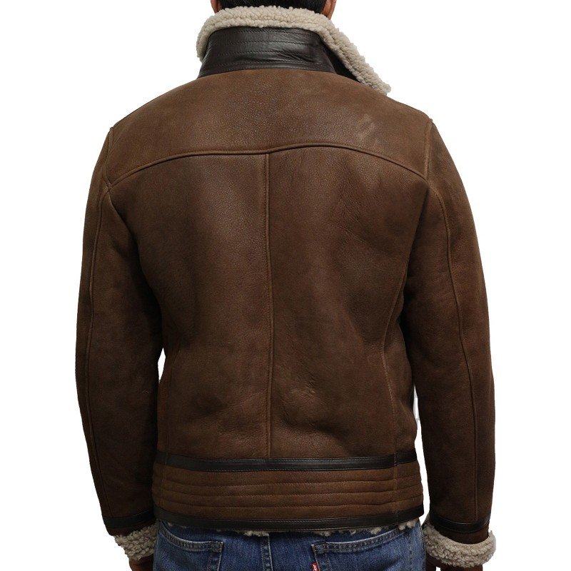 Men's Vintage Brown Sheepskin Shearling Leather Jacket Back