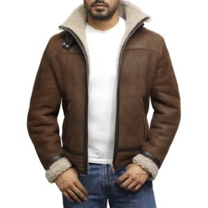Men's Vintage Brown Sheepskin Shearling Leather Jacket Front