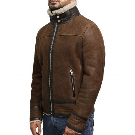 Men's Vintage Brown Sheepskin Shearling Leather Jacket side pose
