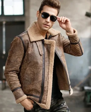 Mens Distressed Brown B3 bomber Sheepskin Leather jacket