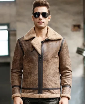 Mens Distressed Brown B3 bomber Sheepskin Leather jacket front