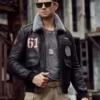 Mens Distressed sheepskin Black leather shearling jacket front