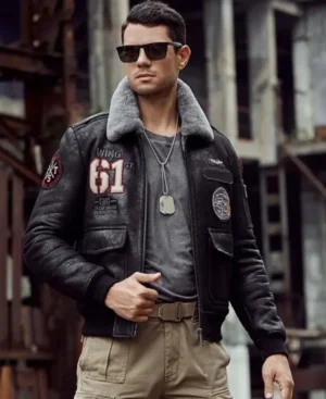 Mens Distressed sheepskin Black leather shearling jacket front