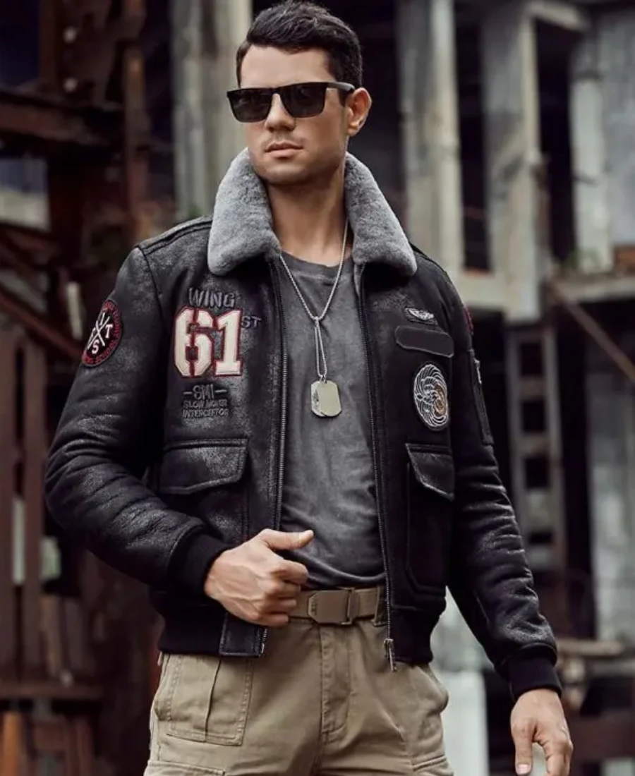 Mens Distressed sheepskin Black leather shearling jacket front
