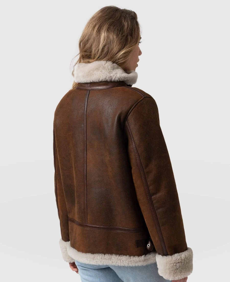 Women's Brown Aviator B3 Bomber Sheepskin Leather Jacket Back