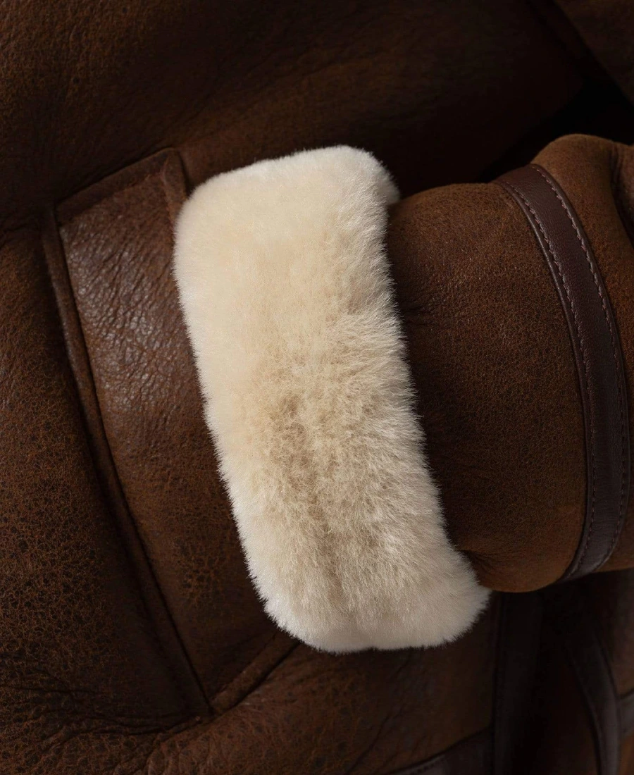 Women's Brown Aviator B3 Bomber Sheepskin Leather Jacket Cuff