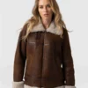 Women's Brown Aviator B3 Bomber Sheepskin Leather Jacket Front