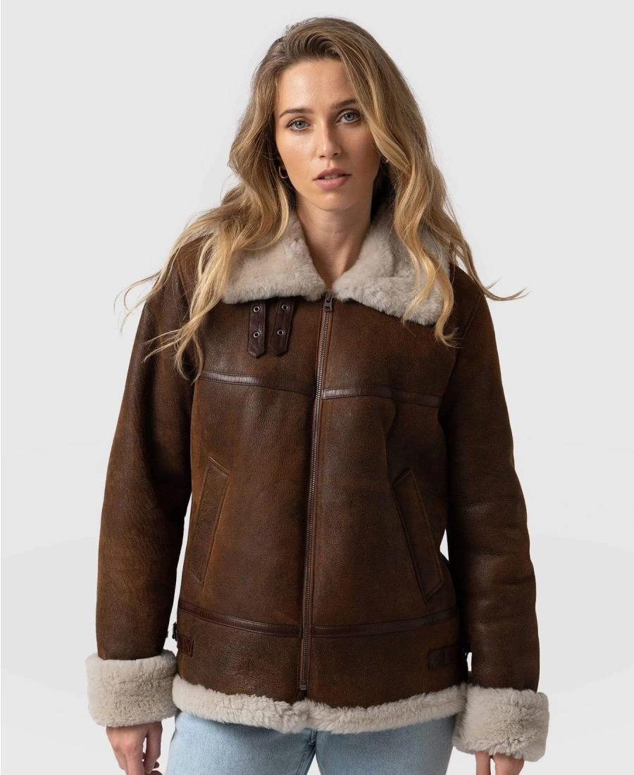Women's Brown Aviator B3 Bomber Sheepskin Leather Jacket Front