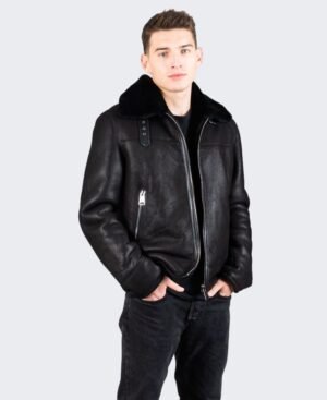 LUXURIOUS Jet Black Sheepskin Shearling Leather Jacket for Men - TLJ (2)