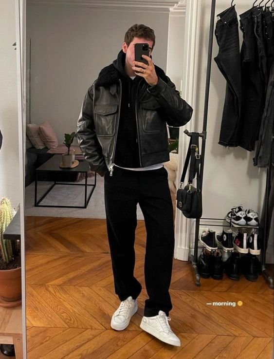 Men Black Leather Shearling Jacket Customer Review Photo