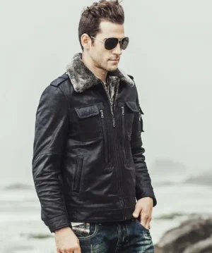 Alternative view of Aurora Men's Black Sheepskin Leather Faux Shearling Jacket