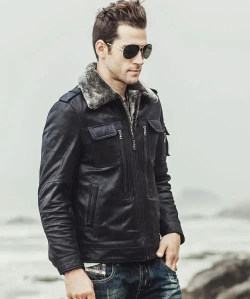 Alternative view of Aurora Men's Black Sheepskin Leather Faux Shearling Jacket
