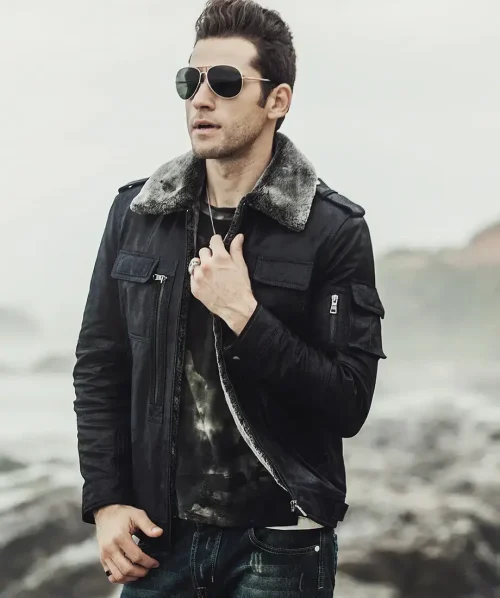 Aurora Men's Black Sheepskin Leather Faux Shearling Jacket