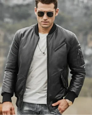 Alternative view of Austin Men's Black Bomber Real Lambskin Flavor Leather Jacket