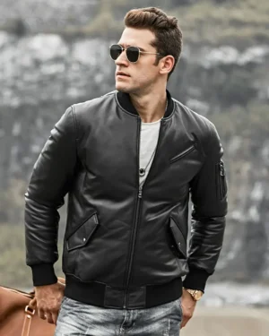 Austin Men's Black Bomber Real Lambskin Flavor Leather Jacket