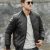 Austin Men's Black Bomber Real Lambskin Flavor Leather Jacket - Image 7
