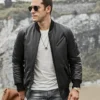 Austin Men's Black Bomber Real Lambskin Flavor Leather Jacket - Image 4